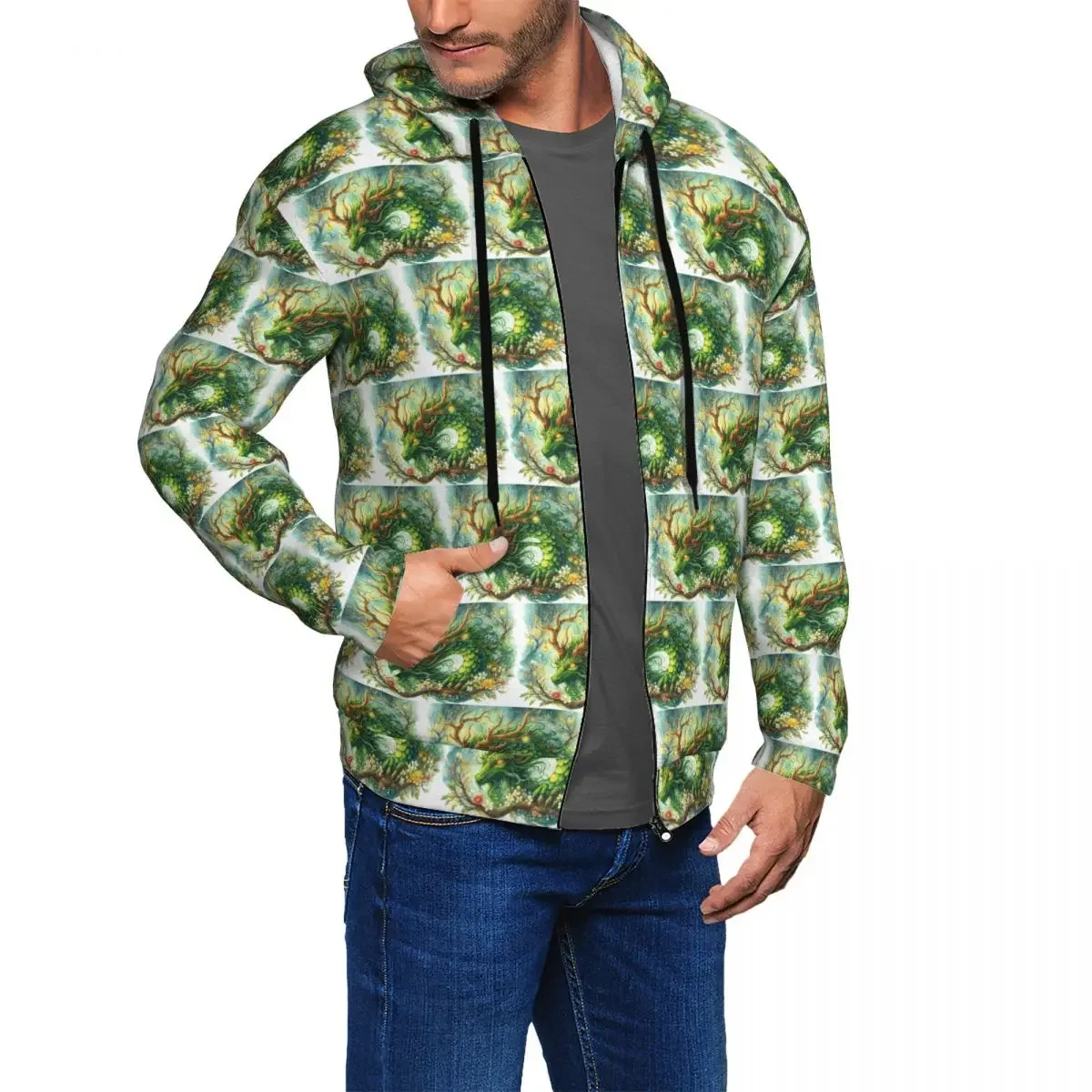 Green Dragon, Guardian Of The Forest Zipper Hoodie Hip Hop Pullover Autumn Winter Men's Women's Sweatshirts Long Sleeve Tops