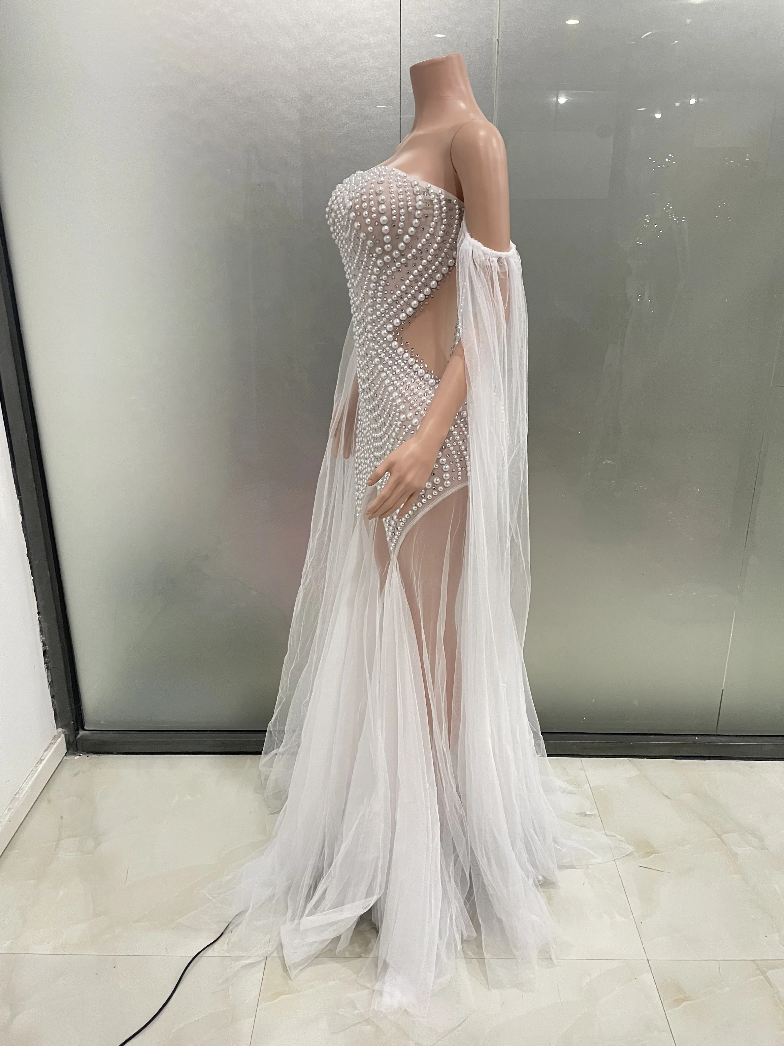 STOCK White Women Pearls Strapless Sexy See-Through Luxury Floor-Length Dress Celebrate Birthday Party Mermaid Photo Shoot Dress