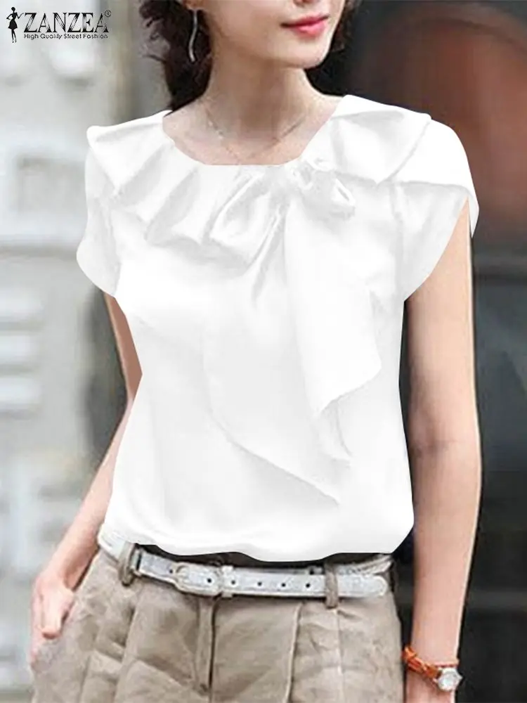 ZANZEA Women Short Sleeve Blouse Elegant Round Neck Tunics Office Lady Bowknot Stitching Shirt Casual Loose Solid Twisted Tops