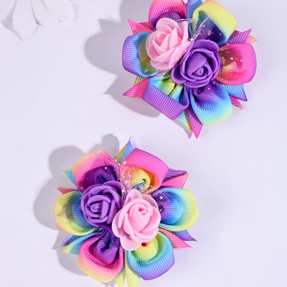 2pcs/Pack Kids\' Rainbow Gradient Woven Ribbon Foam Flower Hair Clips, Children\'s Hair Accessories Hair Clips Hairbows for Girls