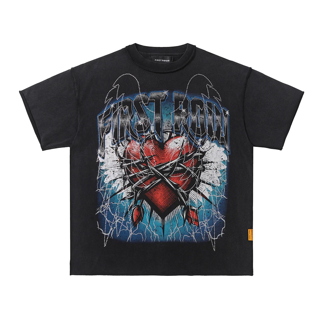 Oversized Black Gothic FIRST ROW T Shirt Rhinestone Lightning Barbed Wire Graphic Print Y2K Streetwear Cotton Short Sleeve Tops