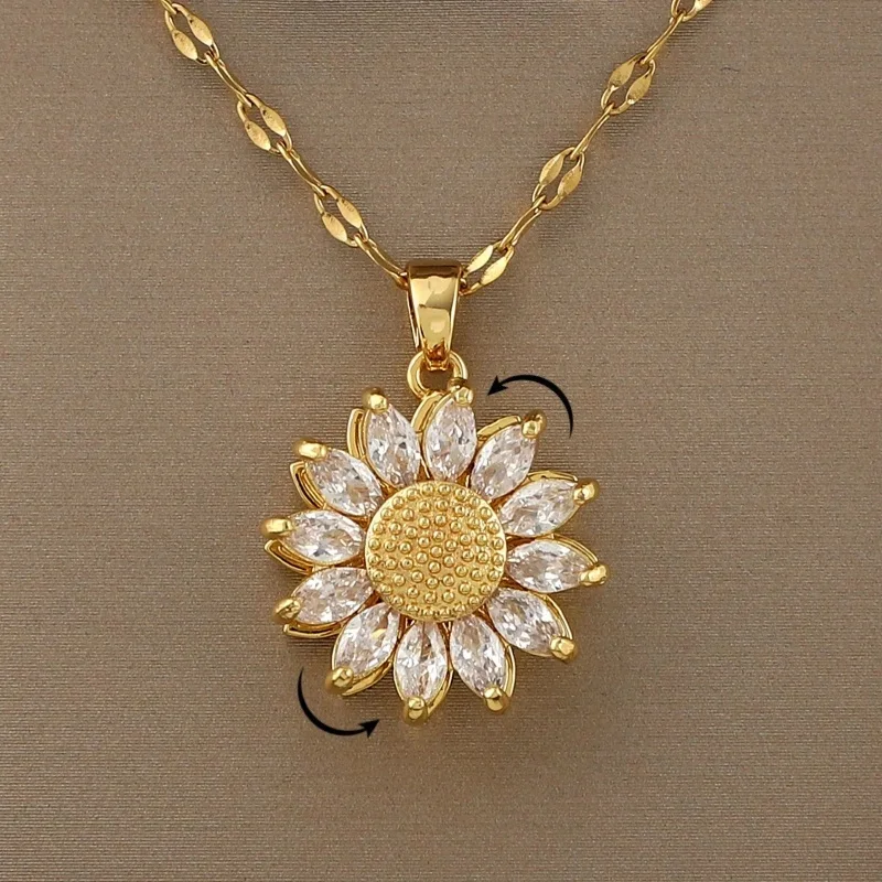 Exquisite 360° Rotatable Decompression Sunflower Zircon Pendant Necklace, Birthday Christmas Gift Jewelry Accessories for Family