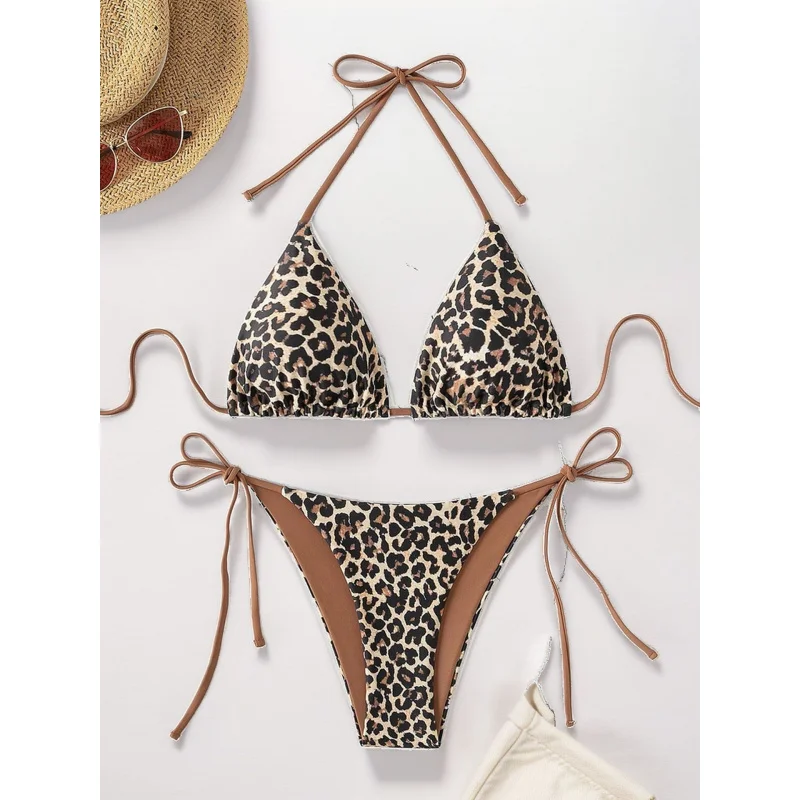 Swimwear2024Leopard Print Lace-up Triângulo Cup Sexy Beach Bikini Split Maiô para Mulheres