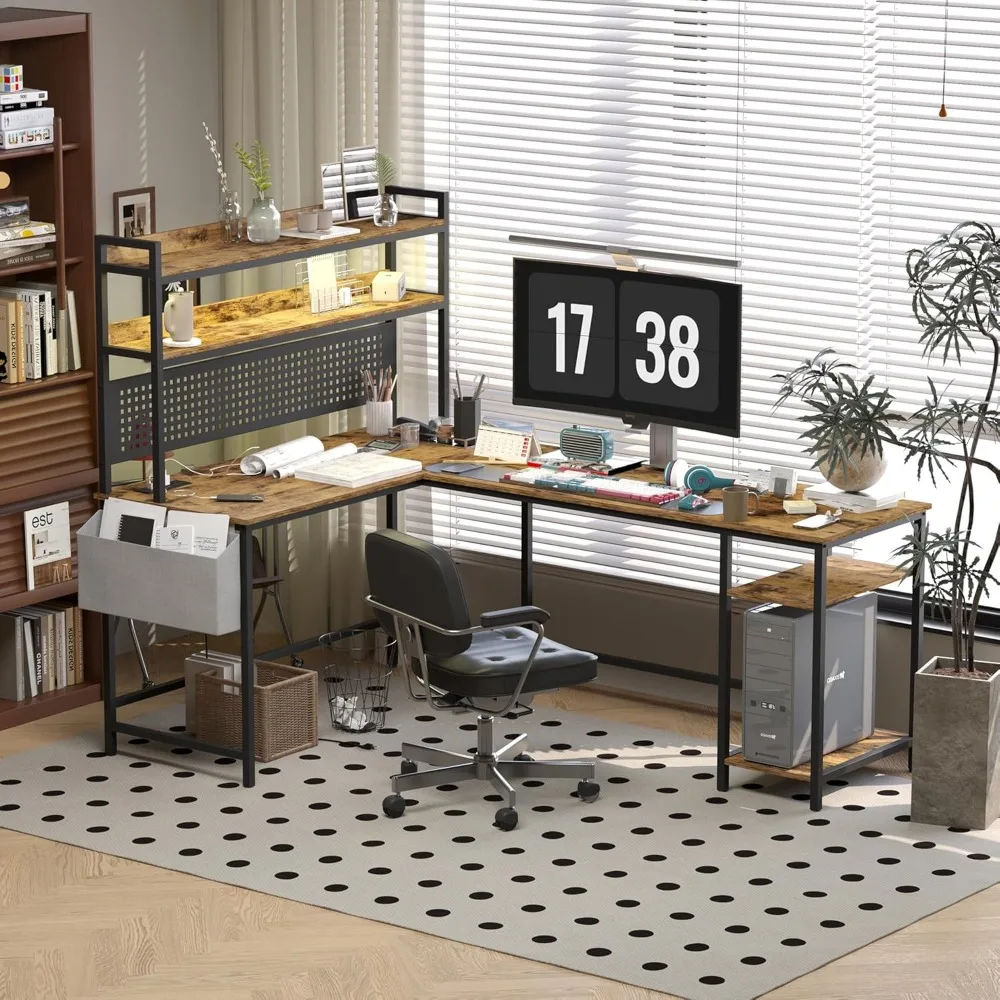Large L Shaped Office Desk, Reversible Corner Computer Desk with Power Outlet and LED Light, Sturdy Gaming Desk with Storage Sh