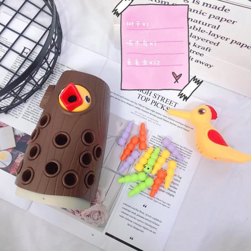 Montessori Toy Woodpecker Magnetic Catch Worm Bugs Small Birds Feeding Game Toys for Children Kids Early Educational Family Toys