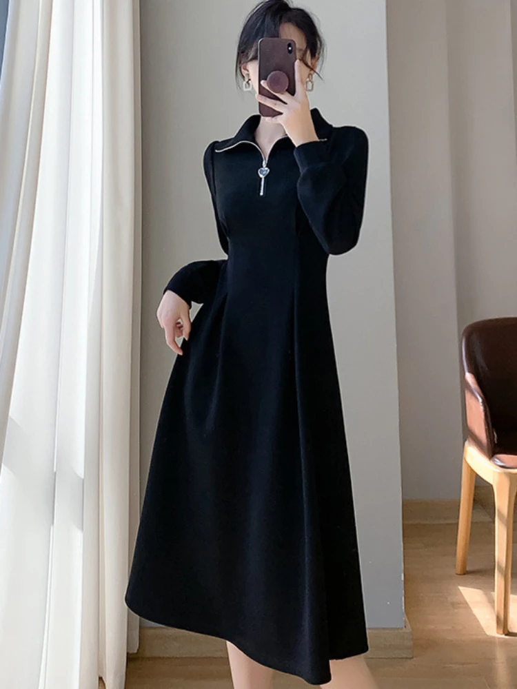 Pleated Dresses Women Slim French Style Retro Streetwear Solid Advanced Stylish Casual Daily Office Lady Spring Autumn Popular