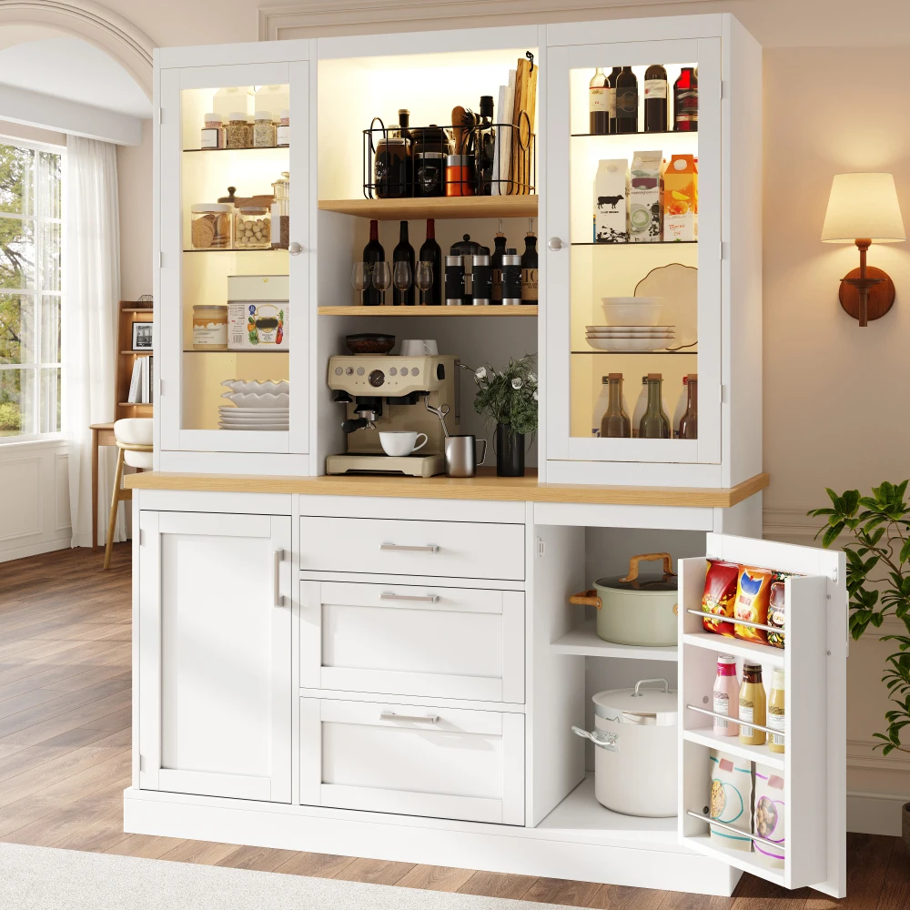 Keukenkast met app-gestuurde LED-verlichting, 185x140x40cm, 3 laden, aanrechtblad en verstelbare planken, zwart/wit/groen