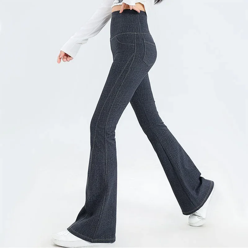 Spring Summer Women Faux Jean Flare Pants Thin Female High Waist Imitation Denim Leggings Ladies Elastic Skinny Pencil Trousers