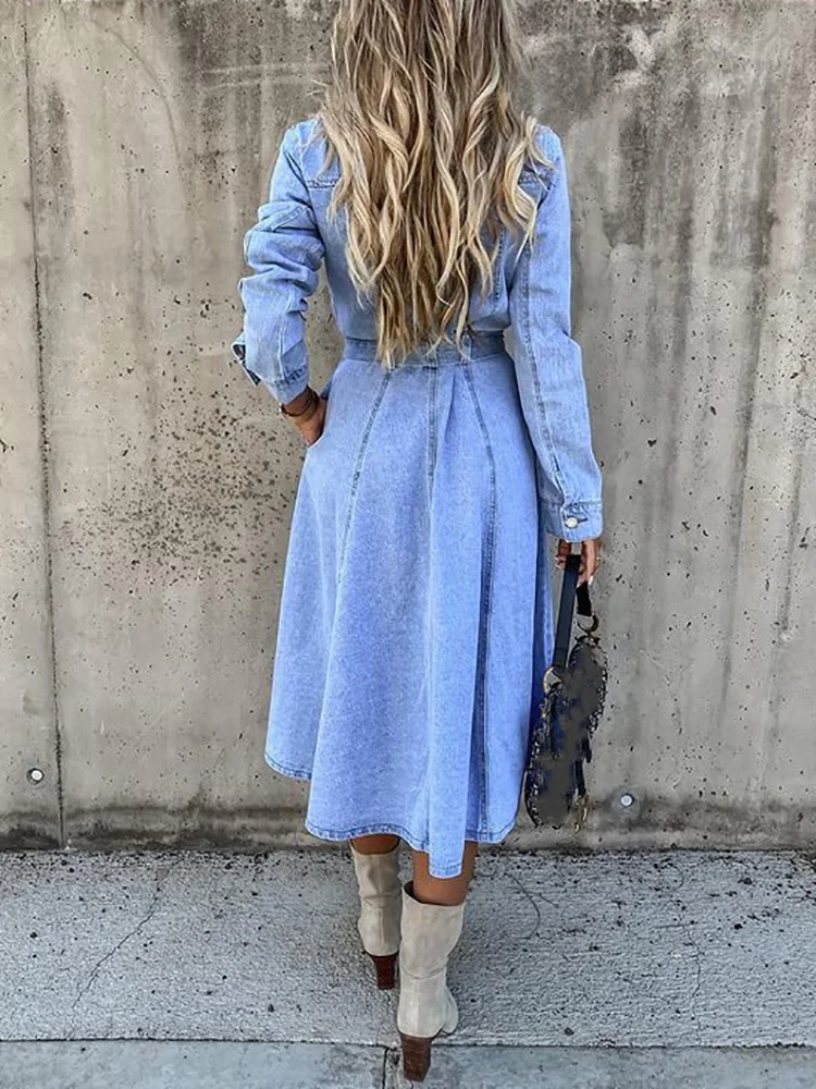 New Women Spring Autumn Turn-Down Collar Full Sleeve Denim Dress Casual Solid Button Mini Dress Fashion Elegant Streetwear Dress