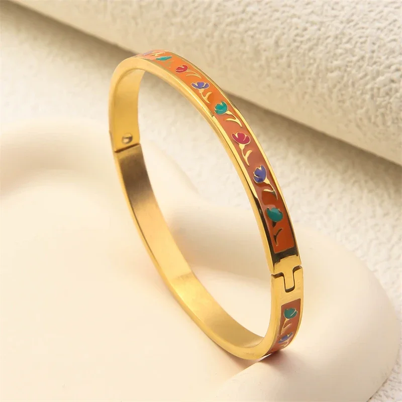 Fashion Stainless Steel Oval Bangle for Women Gold Color Geometric Colorful Enamel Painted Bracelet Wedding Jewelry