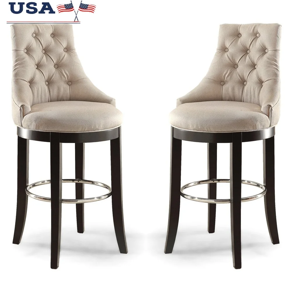 

Modern Fabric Bar Stool with Metal Footrest Upholstered Tall Back Tufted Design Dining Kitchen Counter Chair Solid Wood Frame