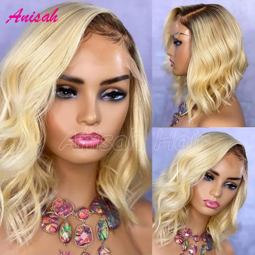 

Ombre Blonde Bob Lace Front Human Hair Wigs 13X4 Blonde Dark Root Colored Short Bob Wavy HD Transparent Lace Frontal Wig