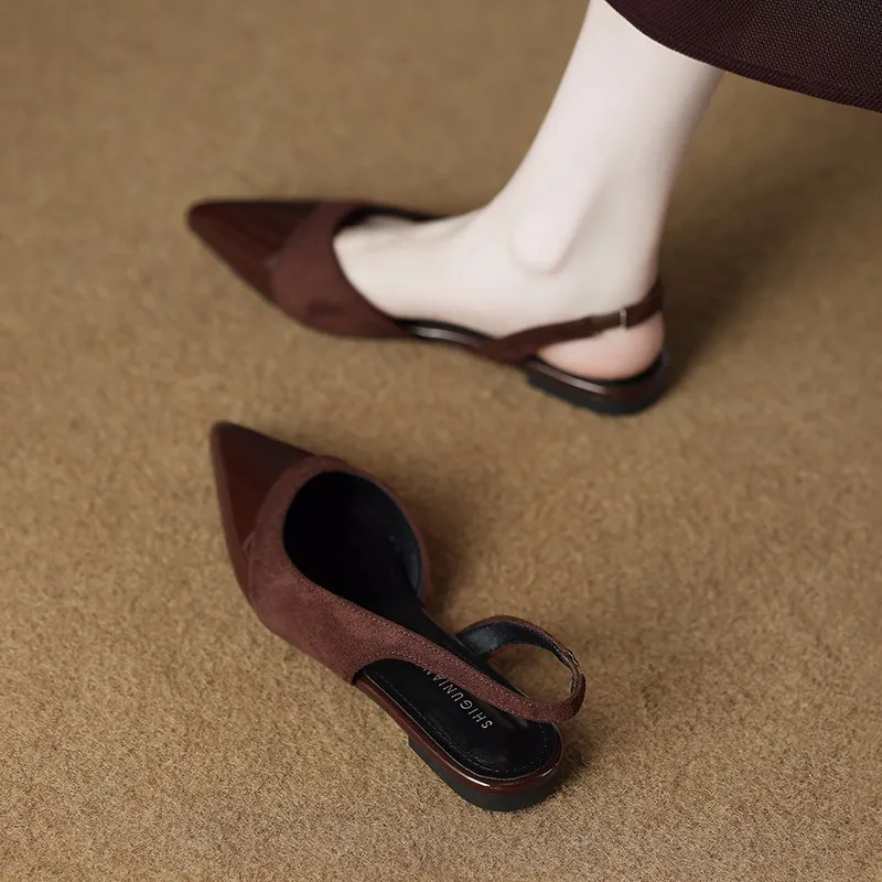 Spring New Women Sandal Fashion Pointed Toe Shallow Slip on Dress Mules Shoes Thin Low Heel Slingback Sandals