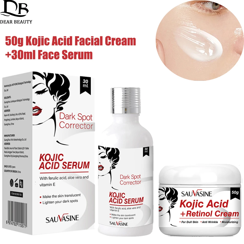 Kojic Acid Face Cream Facial Serum Fade Dark Spots Brightening Skin Whitening Freckle Cream Repair Essence Anti-Aging Skin Care