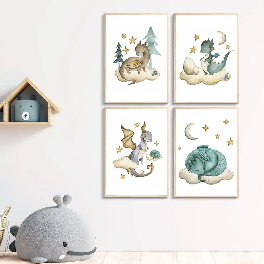 Multi-size 1PC frameless high-definition decorative paintings,Watercolor Cartoon Dragon Dinosaurs Cloud Tree Wall Pictures Poste