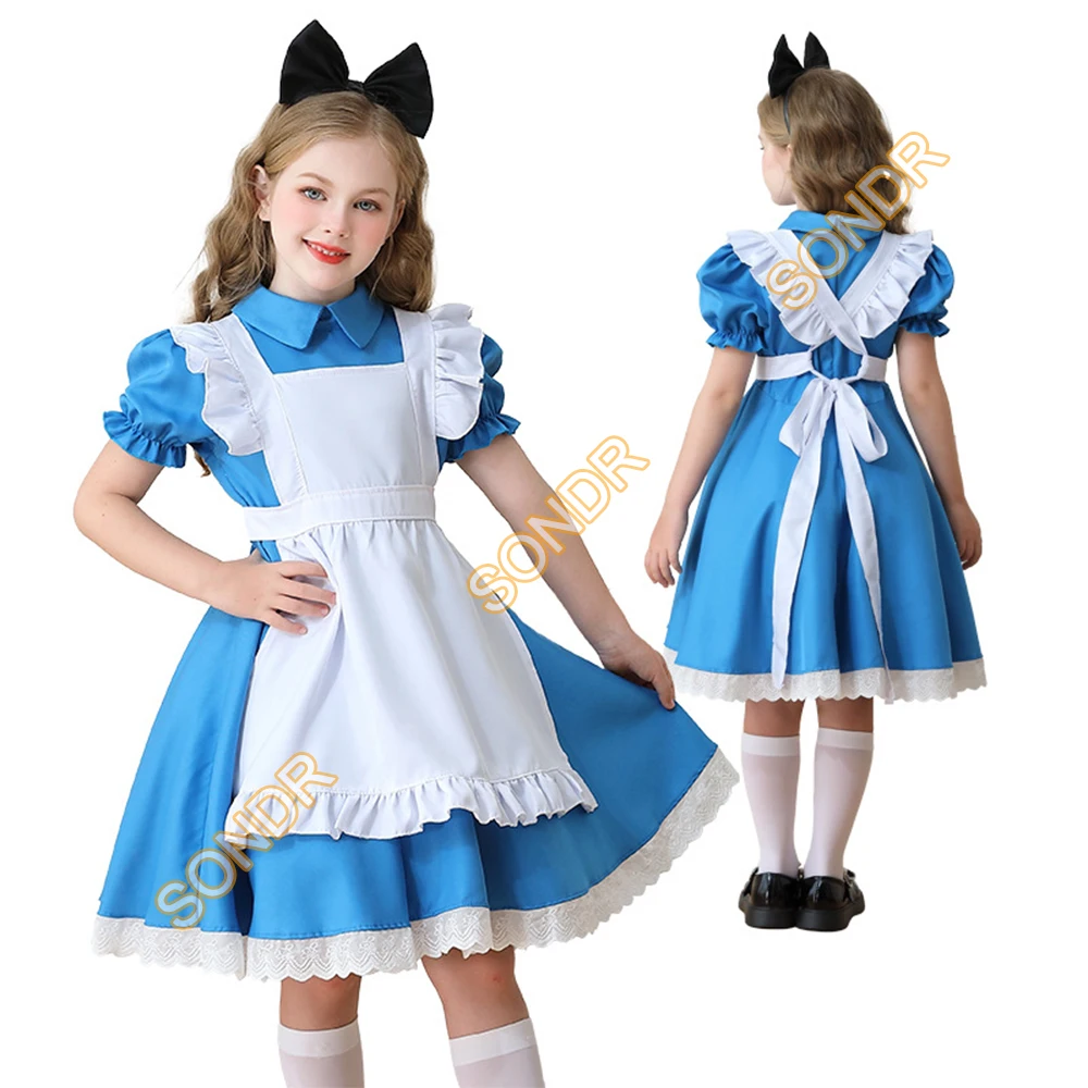 

Anime Wonderland Alice Cosplay Costume Blue White Maid Dress Uniform with Headwear Women Girls Halloween Party Performance Cloth