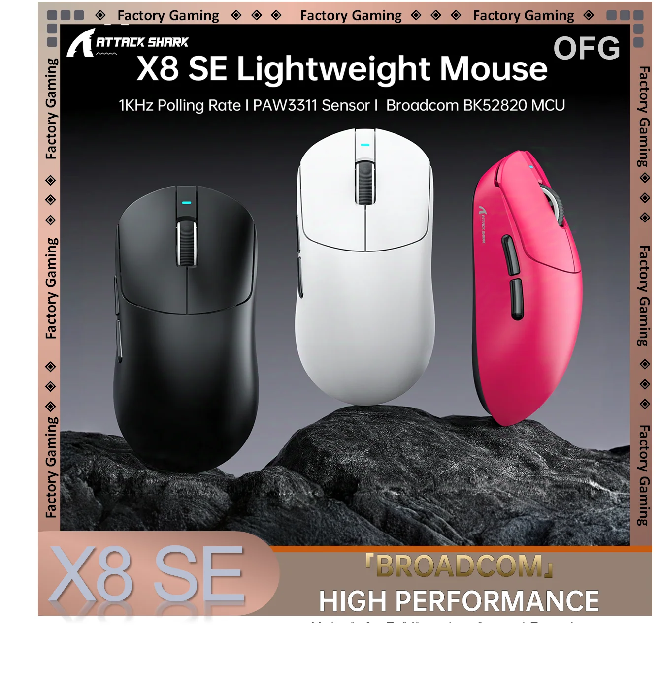 ATTACK SHARK X8SE Wireless Gaming Mouse,Adjustable 25K DPI PAW3311 Optical Sensor,Ergonomic  Lightweight,Triple Modes 2.4G/BT