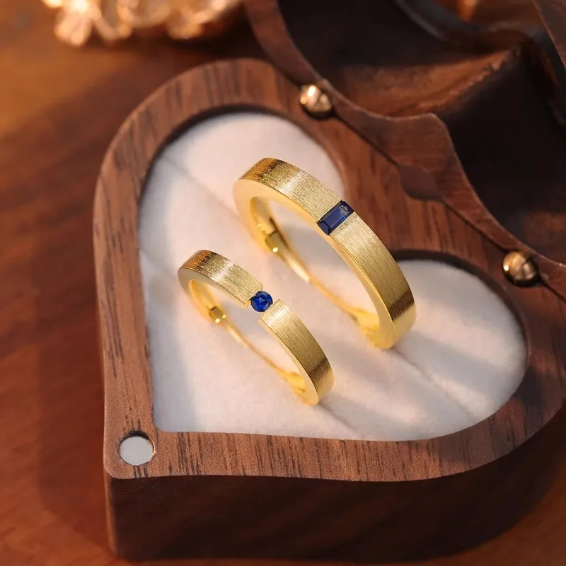Santorini Love Sapphire Couple Ring Italian Handmade Brushed Inlaid Blue Sharp Crystal Gold Plated Men And Women's Pair Ring - Image 2