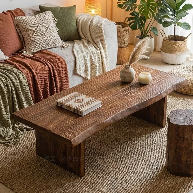 Wabi Silent Retro Solid Wood Coffee Table Unique Log Tea Table for Living Room B&B Hotel Tea House Tatami Furniture