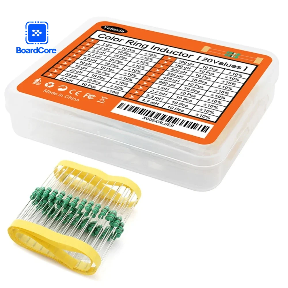 200PCS 1/2W Inductor Assortment Set 0.5W Color Ring Inductance 1UH to 4.7MH 20Valuesx10pcs Inductors Assorted Kit