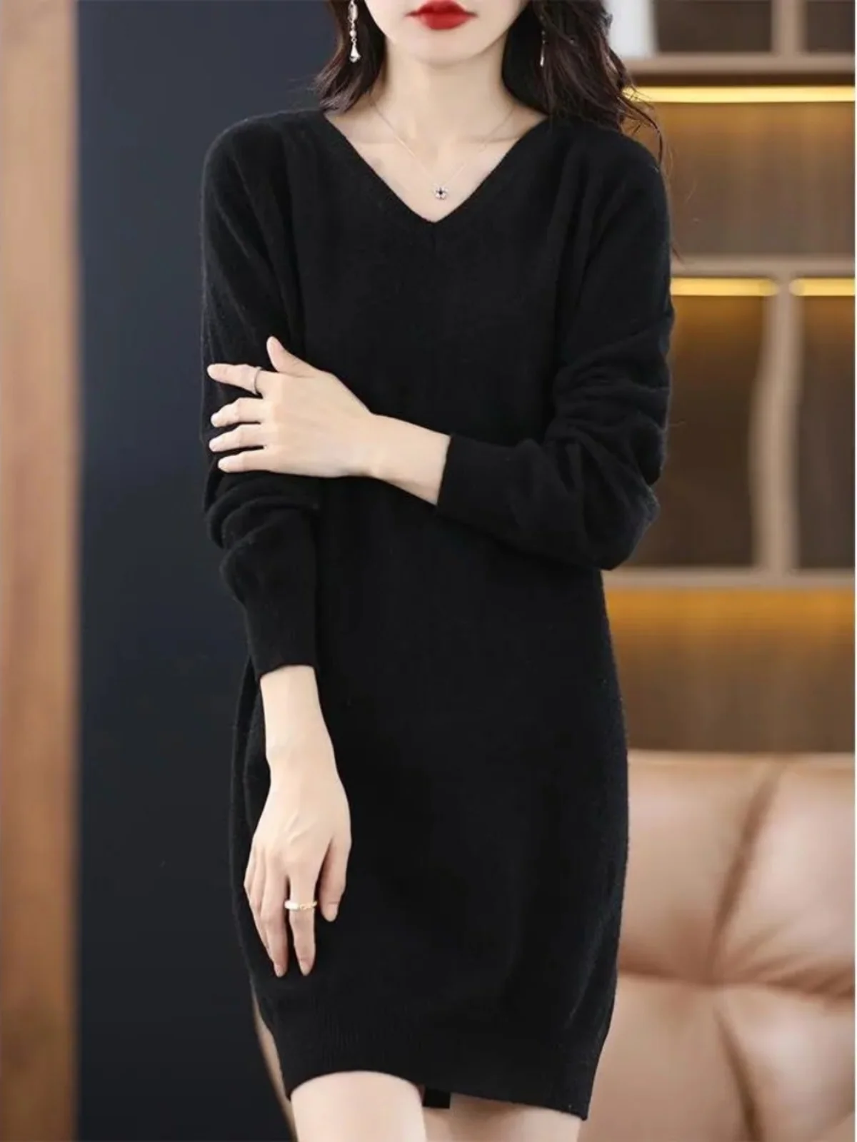 plus Size Women's V-Neck Knitted Dress Autumn Winter Loose Fitting Slimming Base Layer Wrap around Skirt H-Shape Long Sleeve