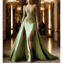 Green V Neck Long Sleeves Evening Dress With Applique New Fashion Female Floor Length Party Prom Gowns