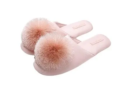 

New Silent Slippers for Women, Fashion Fringe Ball Comfortable Closed-Toe Rubber Bottom Satin Indoor Soft Slippers