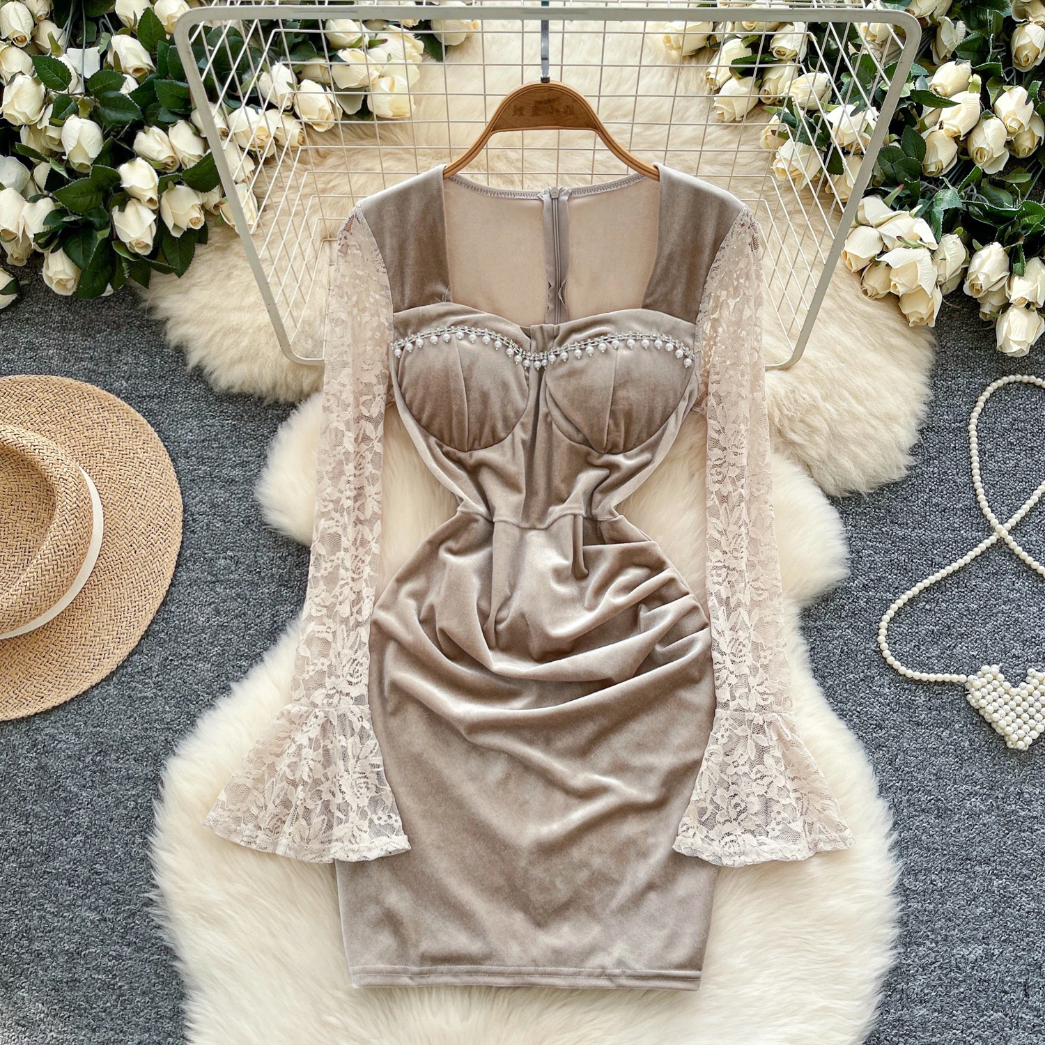 Chic sexy terciopelo cuello cuadrado manga larga vestido fruncido Hada otoño Vestidos ropa de mujer Vestidos de ceremonia