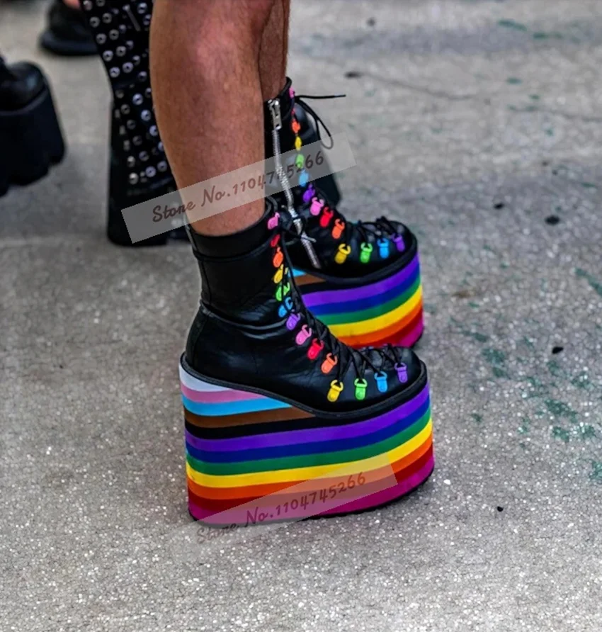 Rainbow Platform Ankle Boots Black Lace Up Side Zipper Super Thick Sole Colorful Striped Goth Punk Festival Rave Boots