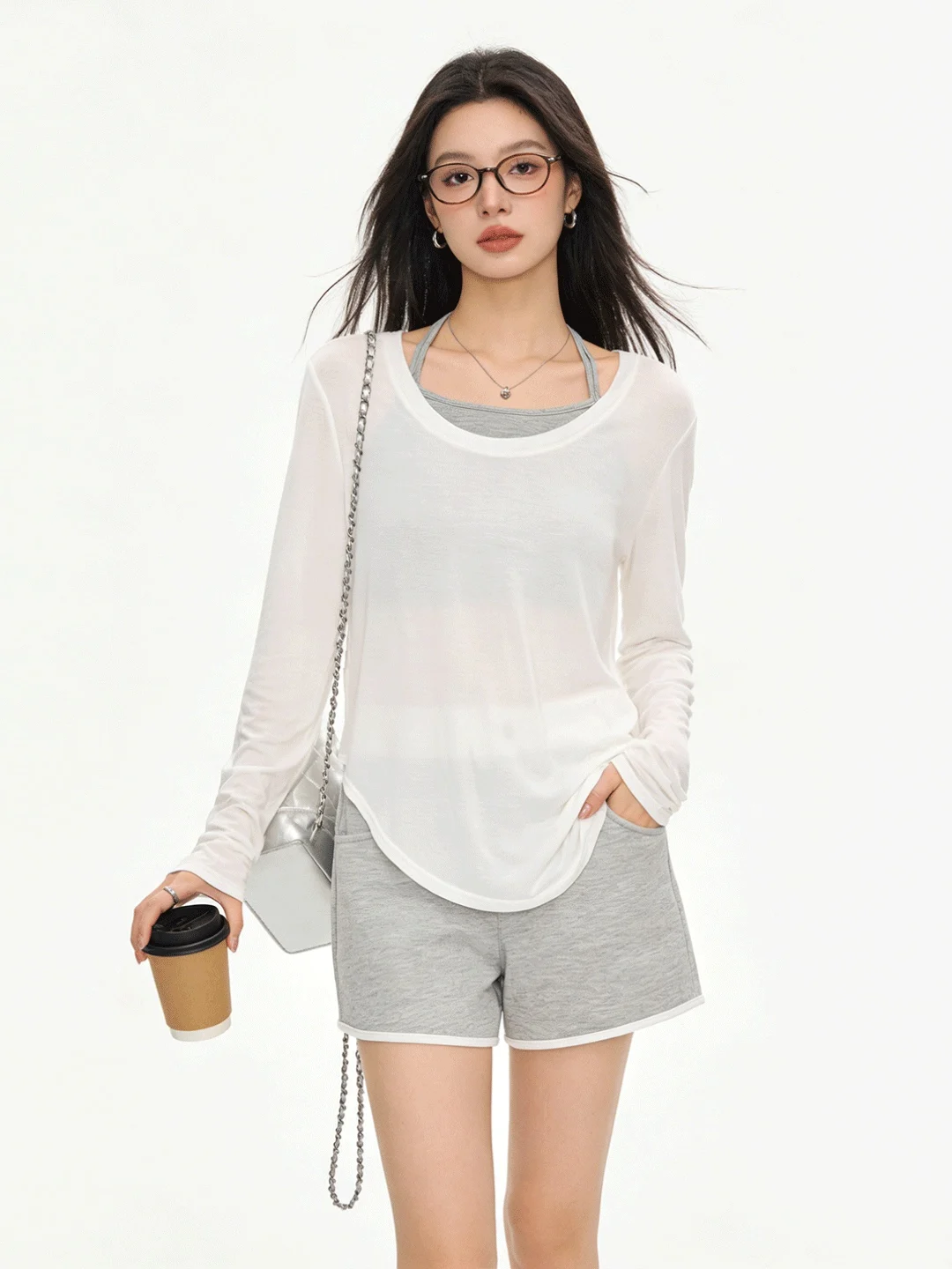 

Spring Summer High Waist ort Pants Long Sve T-irt Korean Sle Casual Sunscreen Crop Top Vest Two-Piece Set for Women