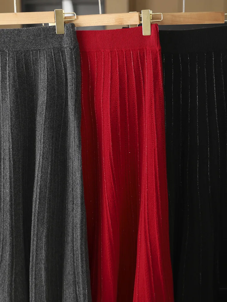 Women 100% Merino Wool Skirt Office Lady Grace Style Bright Silk pleated Skirt Autumn Winter Thick Soft Cashmere Long Skirt