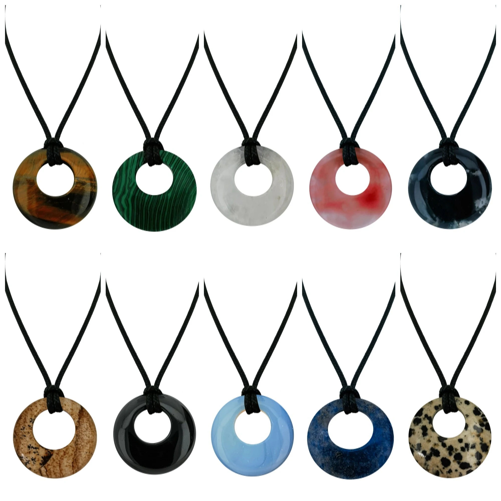 28mm Circle Donut Healing Crystals Necklace Natural Semi-Precious Chakra Gemstone Amulet Lucky Coin Donuts Charm Protection
