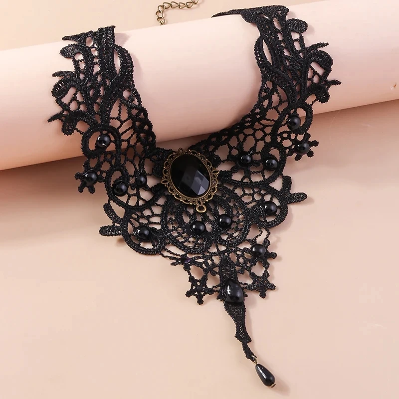 Gothic Black Lace Necklace for Women Steampunk Water Drop Choker Necklaces Girls Party Jewelry Gift - Detail 1