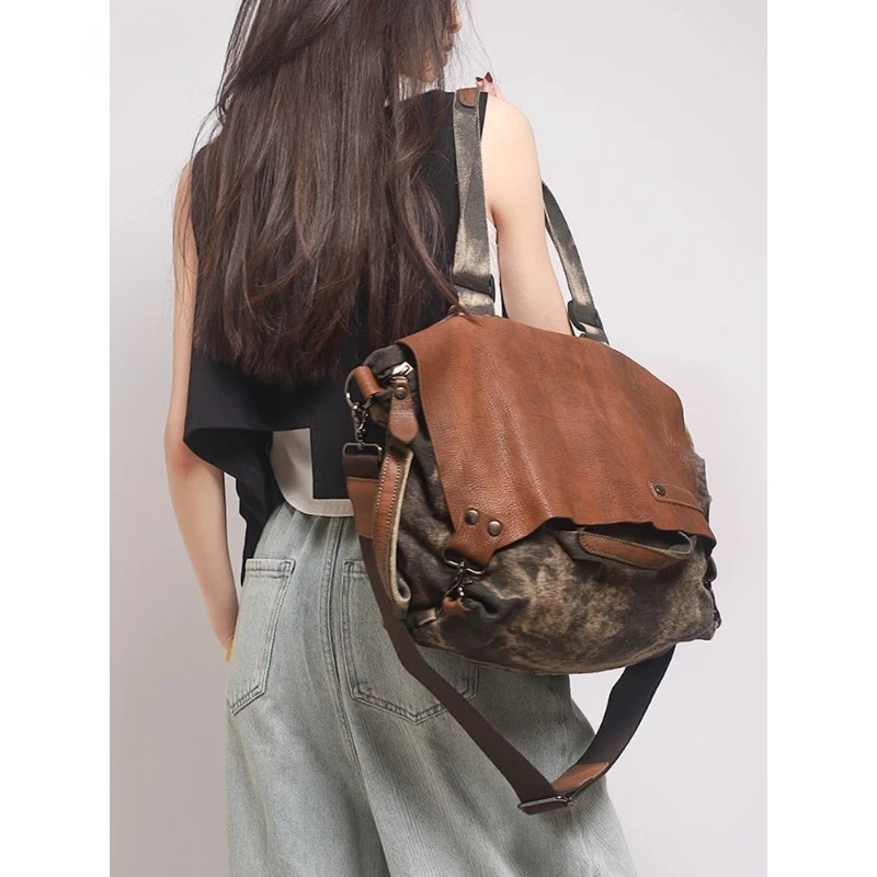Vintage cowhide canvas bag summer new high-quality Tote bag women's large capacity single shoulder crossbody bag