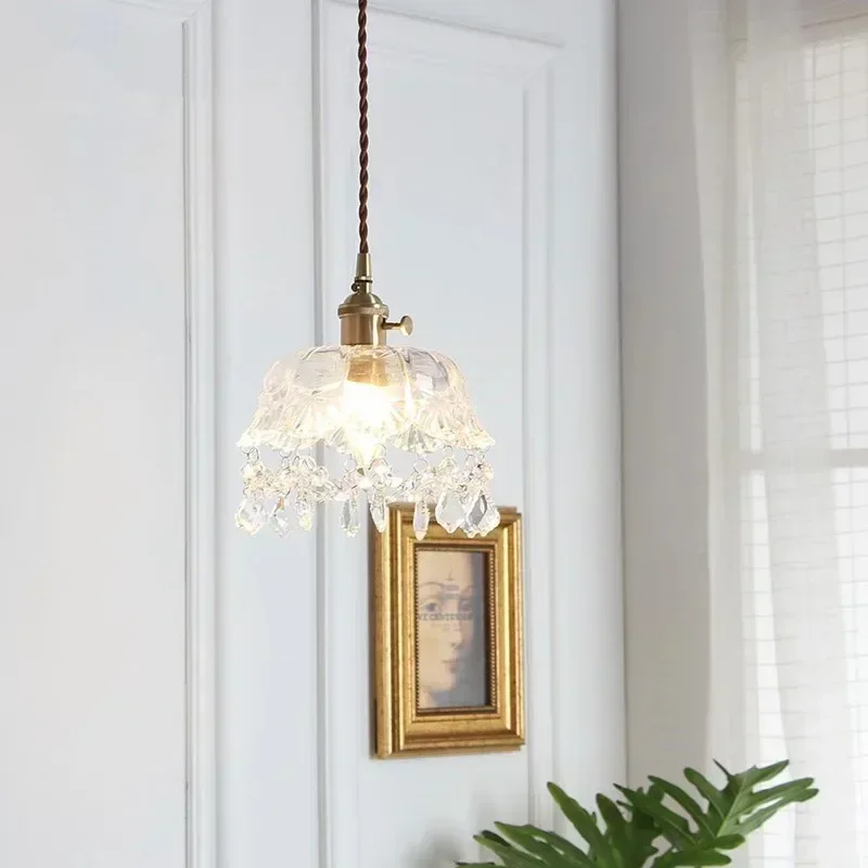 Vintage Brass Crystal Glass Pendant Lamp Living Room Fixtures Glass European Retro Pendant Lighting Vintage Single Head Lamp