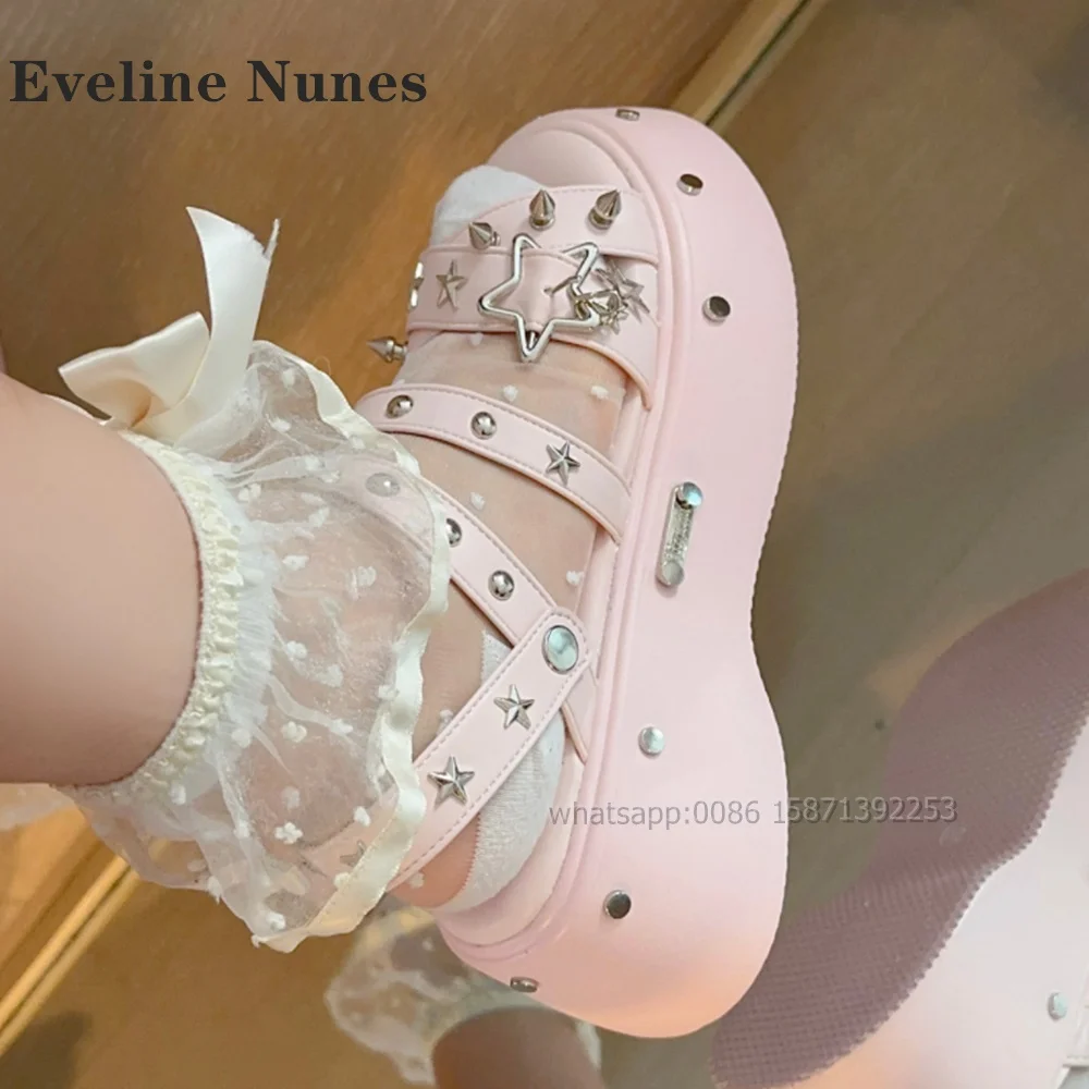 

Star Decoration Rivet Platform Sandals Round Toe Thick Sole Height Increasing Solid Slides Spicy Girl Sweet Cool Style Rome Shoe