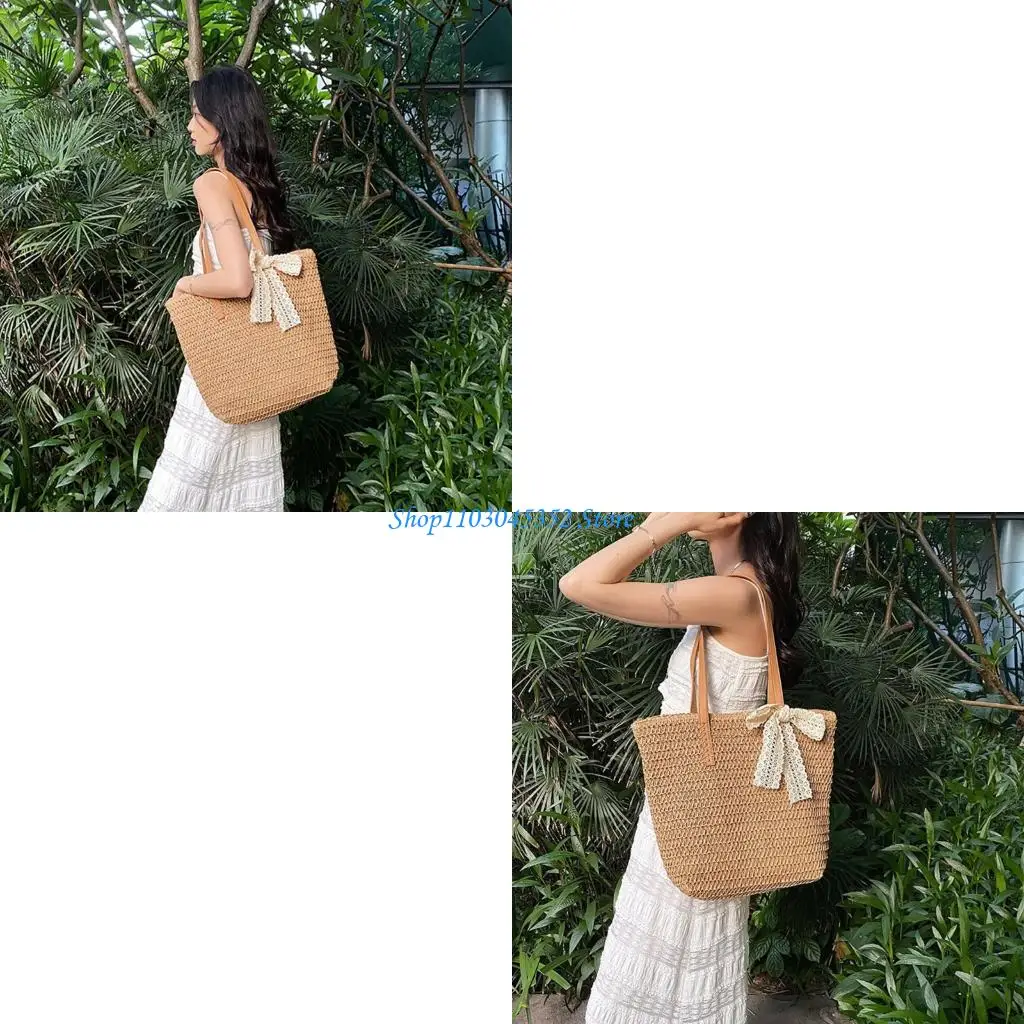 

Привлекательная пляжная сумка на плечо, повседневная летняя сумка с бантиками, большая вместительная соломенная сумка для модная