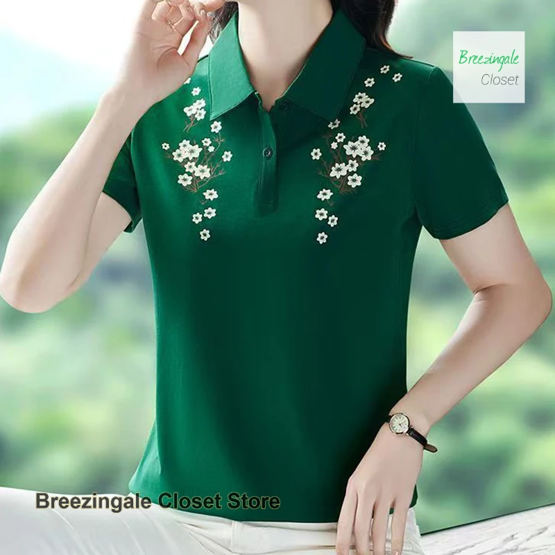 

Chinese mother's solid color printed lapel short-sleeved female summer new age-reducing belly-covering temperament T-shirt