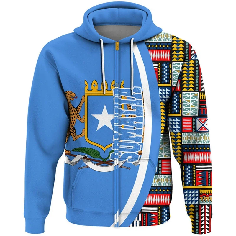 Africa Somalia Flag Map 3D Print Zip Up Hoodie For Men Clothes National Emblem Graphic Sweatshirts Casual Boy Tracksuit Kids Top