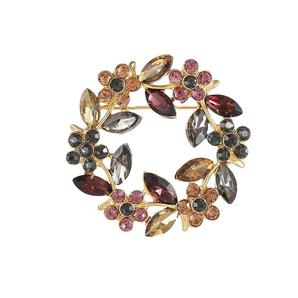 Luxury Rhinestones Crystal Floral Brooches for Women Unisex Flower Wreath Pins Banquets Party New Year Gifts Jewelry Accessories