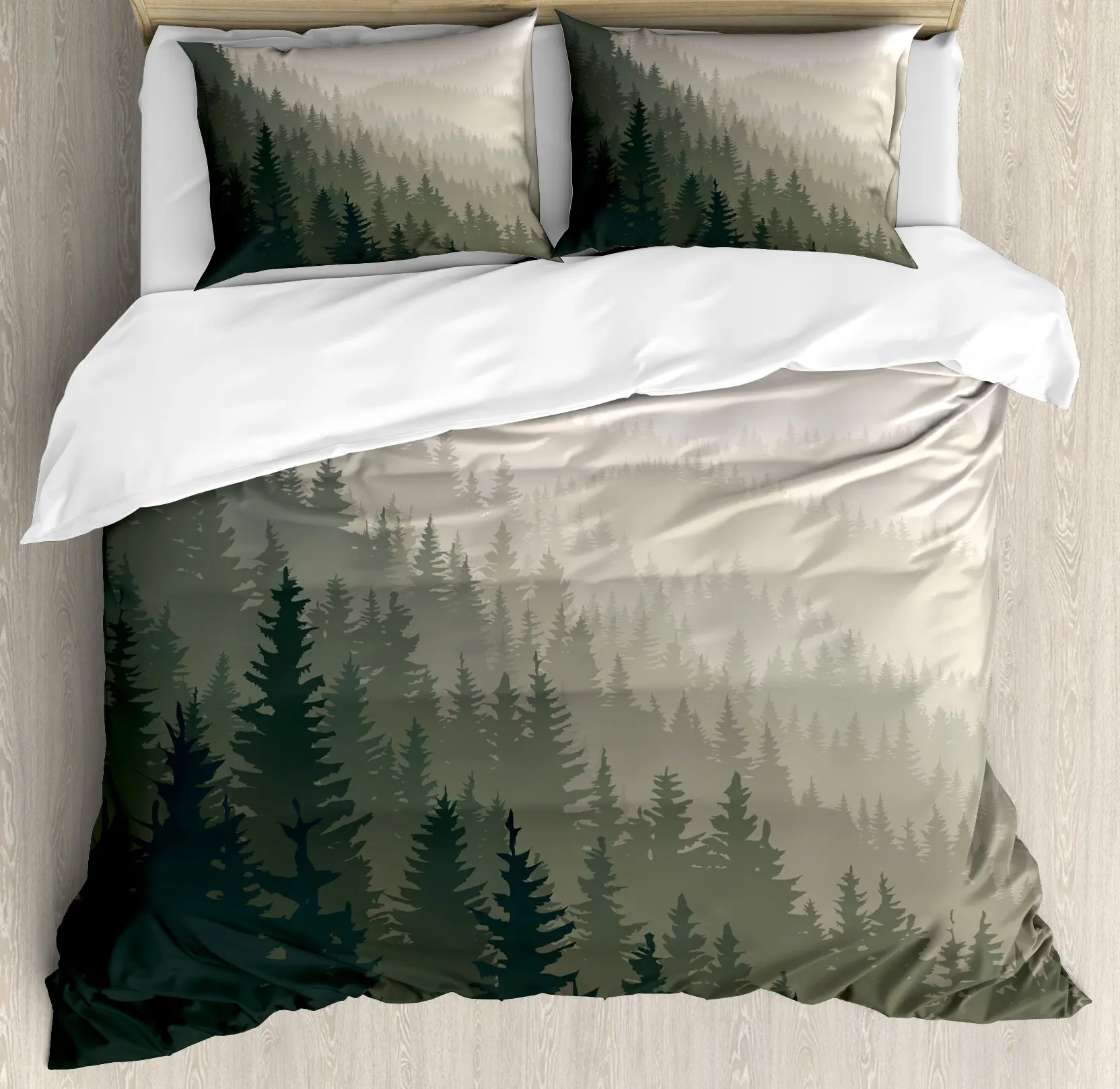 

Pine Trees in The Forest Duvet Cover Set, Foggy Decorative 3 Piece Bedding Set with 2 Pillow Shams, Queen Full Size, Warm Taupe