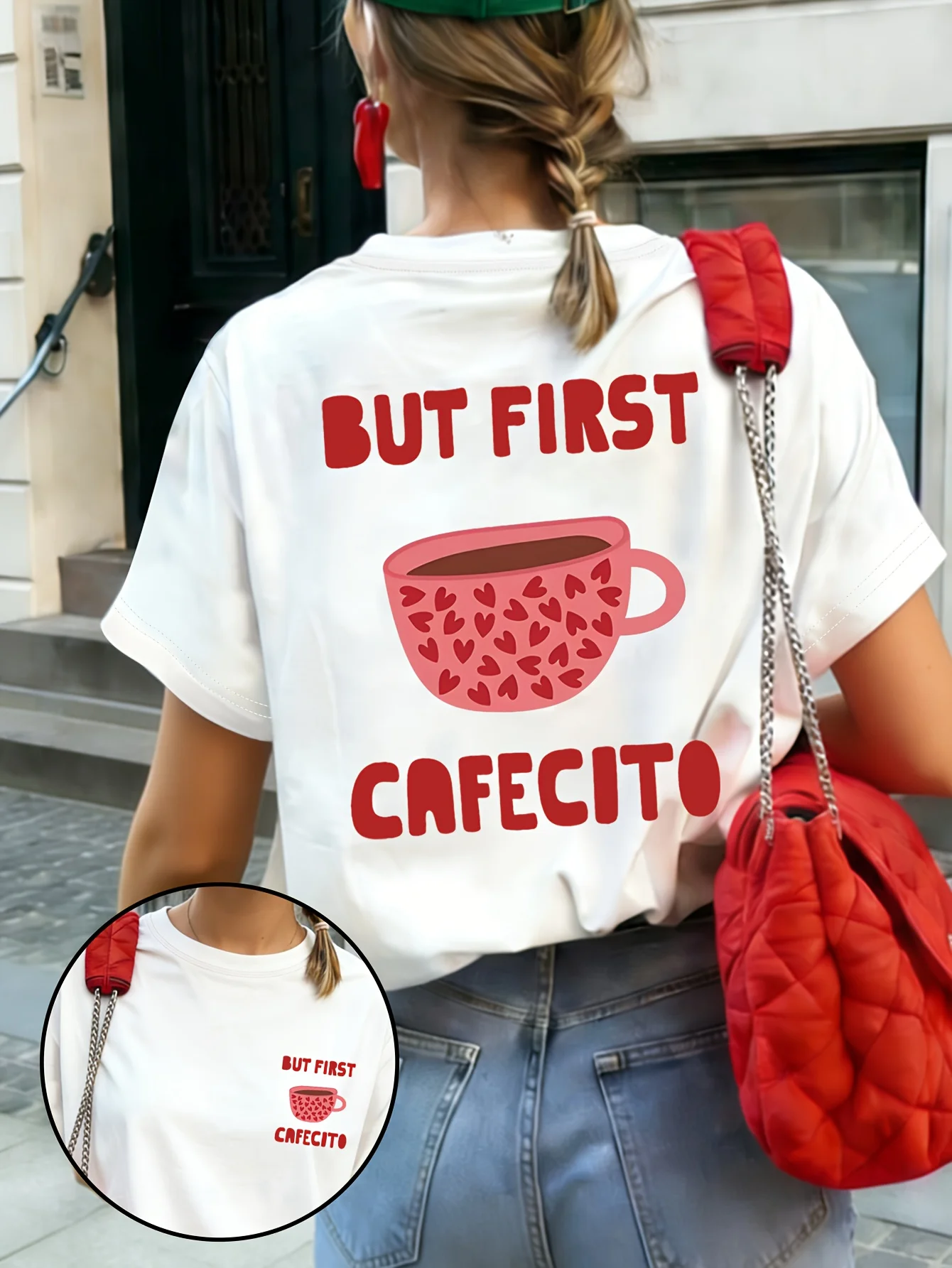 Camiseta gráfica But First Cafecito Coffee para mujer, camiseta básica de verano Harajuku Kawaii con estampado de taza de corazón, cuello redondo, Top corto de moda básica para el día a día