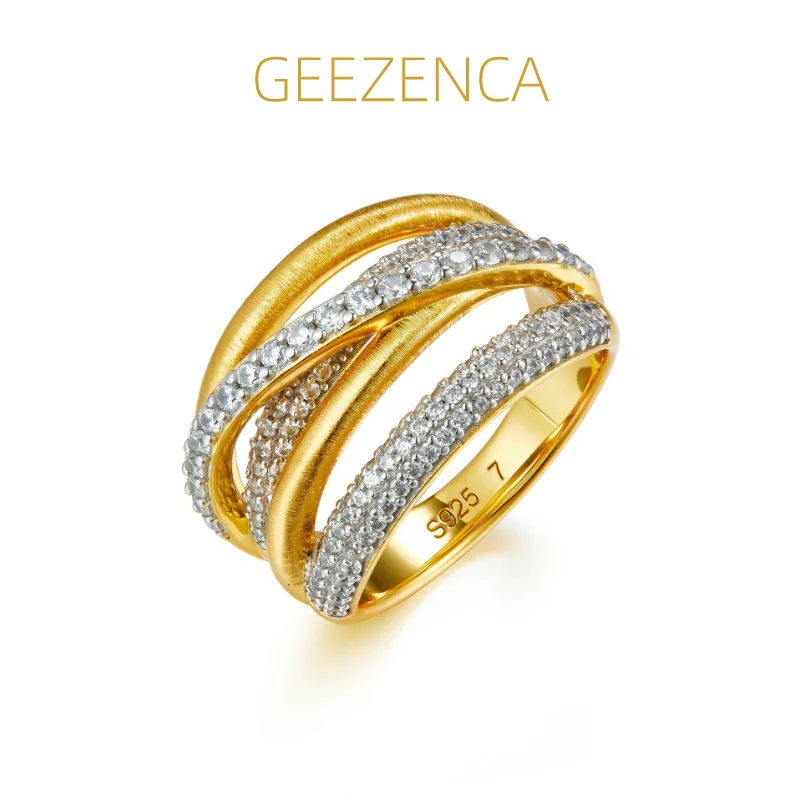 GEEZENCA 925 Silver 5A Zircon Pave Setting Circle Crossed Rings Women 18K Gold Italian Brushed Craft Luxury Ring 2024 New Gift