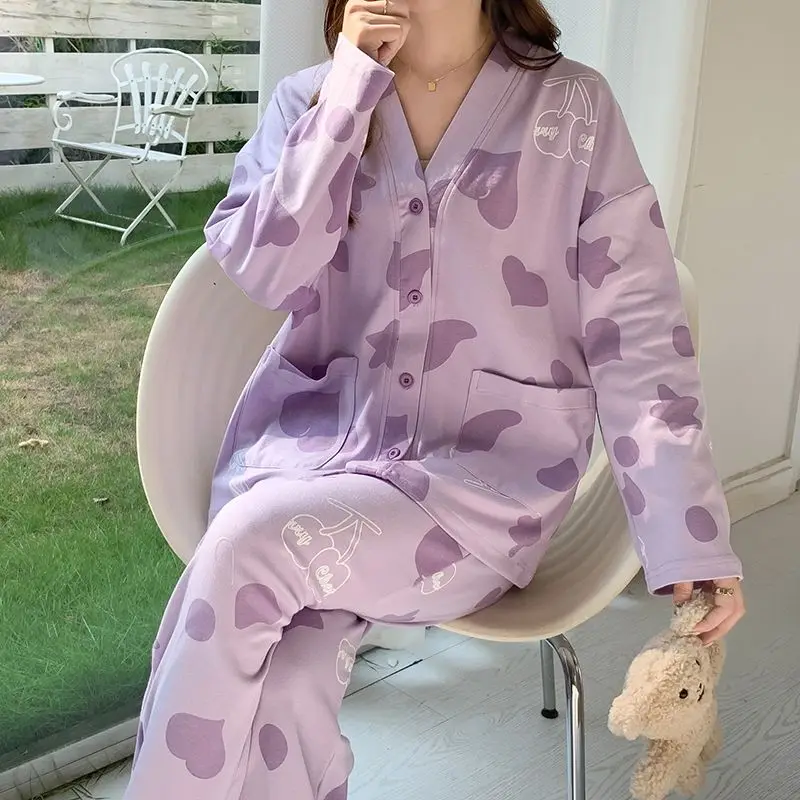 Cotton Home Clothes Sleepwear Kawaii Women Clothing Big Size Pajama Sets Long Sleeve V-neck Buttons Two Sets Nightwear Pants