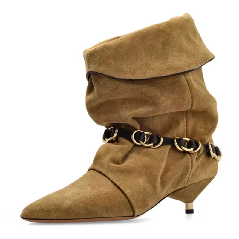Liyke Street Style Ladies Slouchy Scrunched Pleated Suede Ankle Boots Gold Chain Belt Pointed Toe Thin Heels Party Dress Shoes