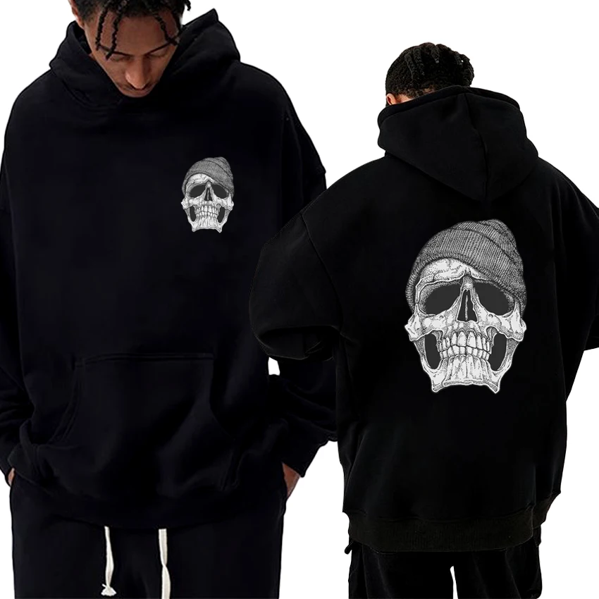 

2025 New in Gothic Skull Double Sided printed Hoodie Men women vintage hip hop streetwear Unisex Fleece Long sleeve pullover