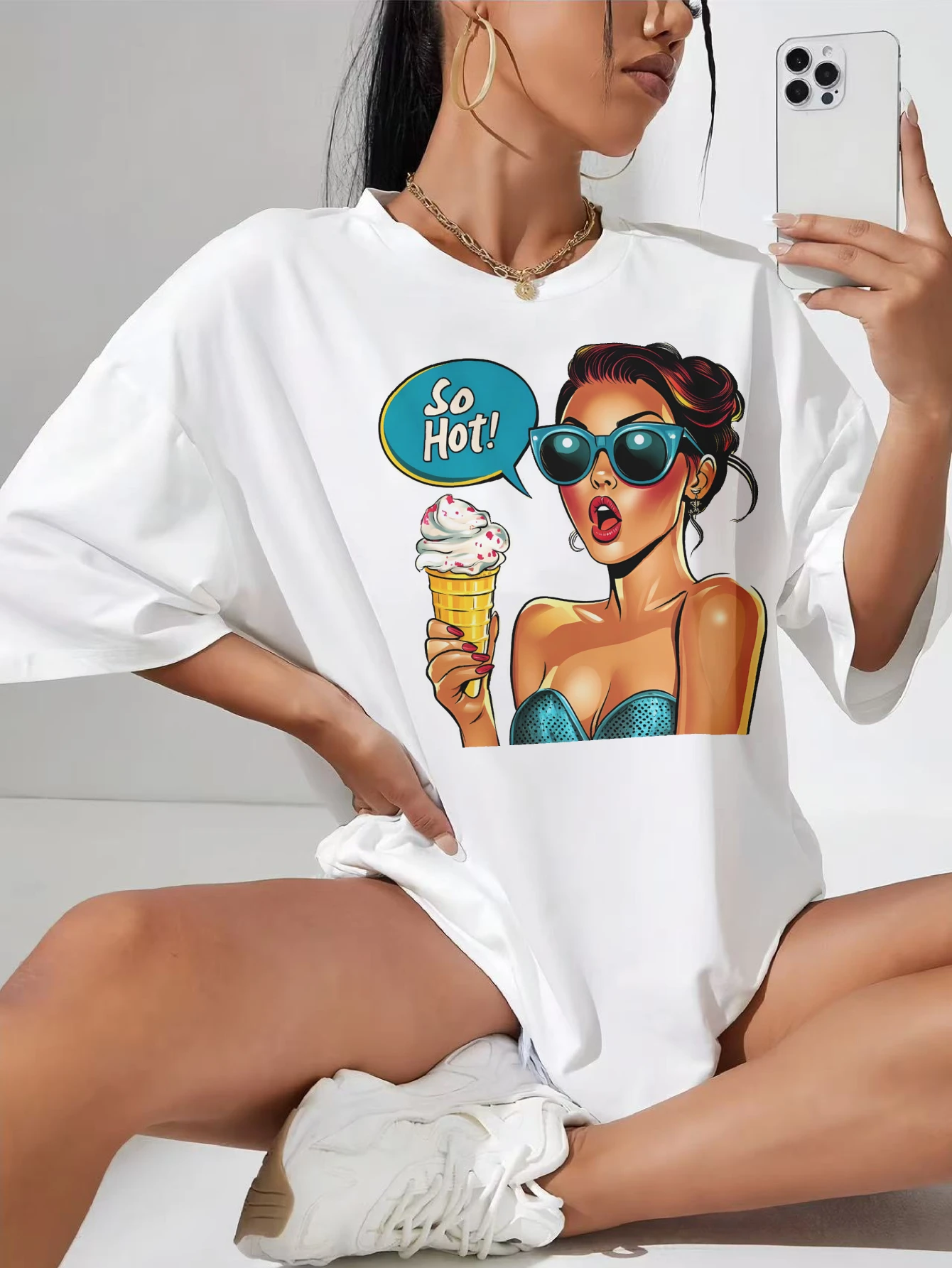 

Retro-Pop-Art-Comic-Summer Loose Fit White T-Shirt Stylish and Comfortable for Maternity Summer Festival Wear