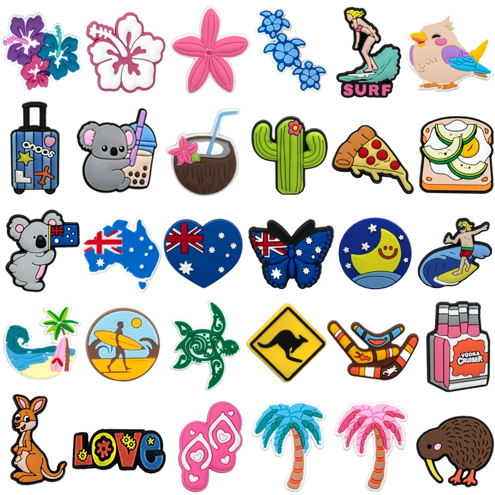 سلسلة الموضة الأسترالية 1/30 قطعة دلايات الأحذية ، دبابيس كوالا الكنغر للصنادل ، زهرة الصبار البيتزا تسد أبازيم إكسسوارات الأحذية