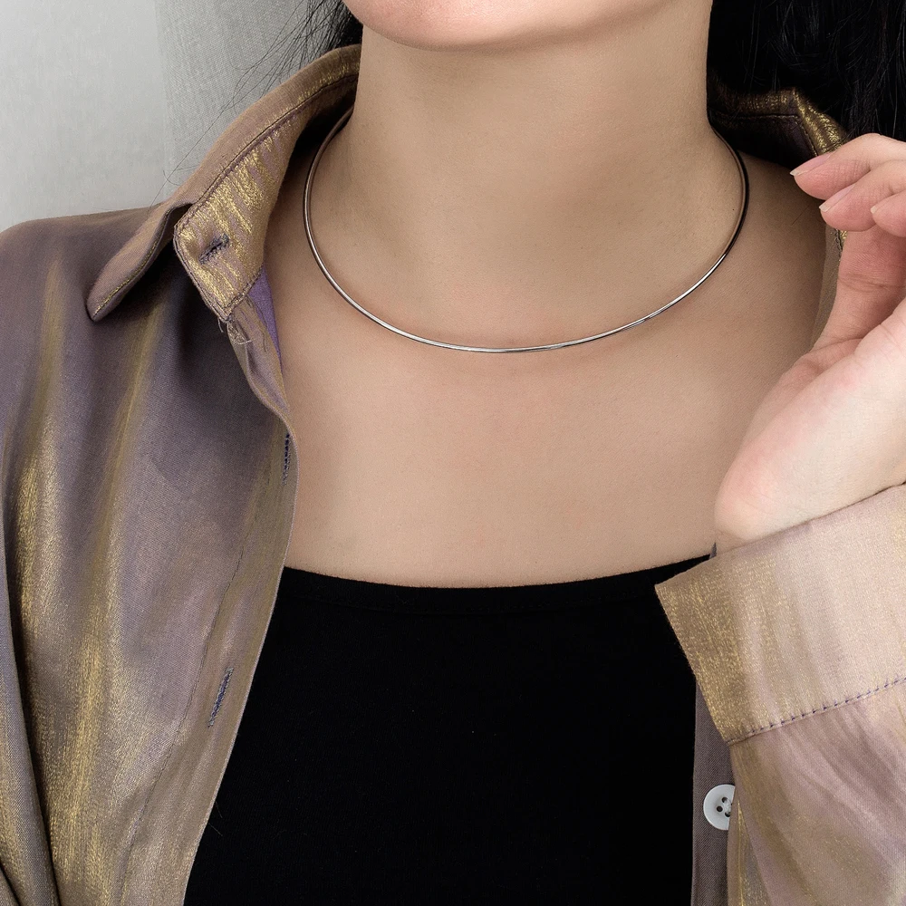 Gold Collar 925 Solid SilverTorques Ncklace For Women.Classic Simple Choker.Size 43-47cm Charm Lady Pendant Accessories Gift