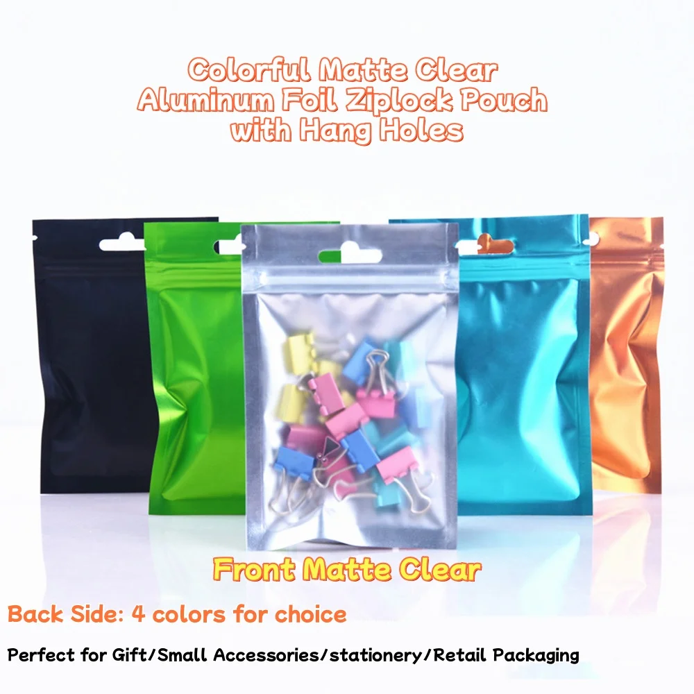 100pcs Matt Finish Various Colored Aluminum Foil Zip Lock Bags with Clear Front, Zipper Resealable Gift Pouches with Hang Holes